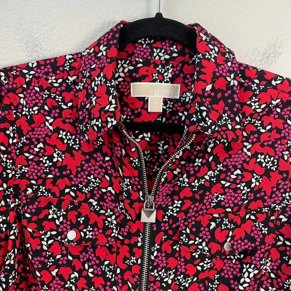 Michael Kors Womens Small Floral Zip Up Blouse‎ Roll Tab Sleeve Shirt Top